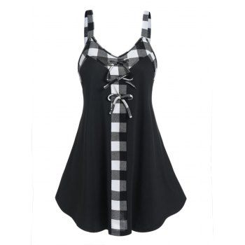 

Summer Tank Top Plaid Print Tank Top Bowknot Detail Spliced Backless Long Top, Black