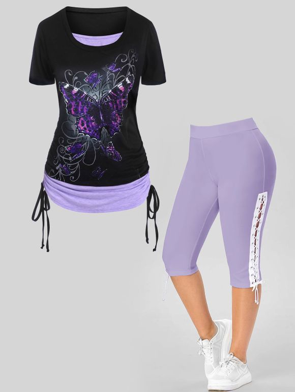 Plus Size & Curve Celestial Sun Moon Butterfly Print Cinched 2 In 1 Tee And Lace Up Eyelet Capri Leggings Summer Outfit - LIGHT PURPLE L