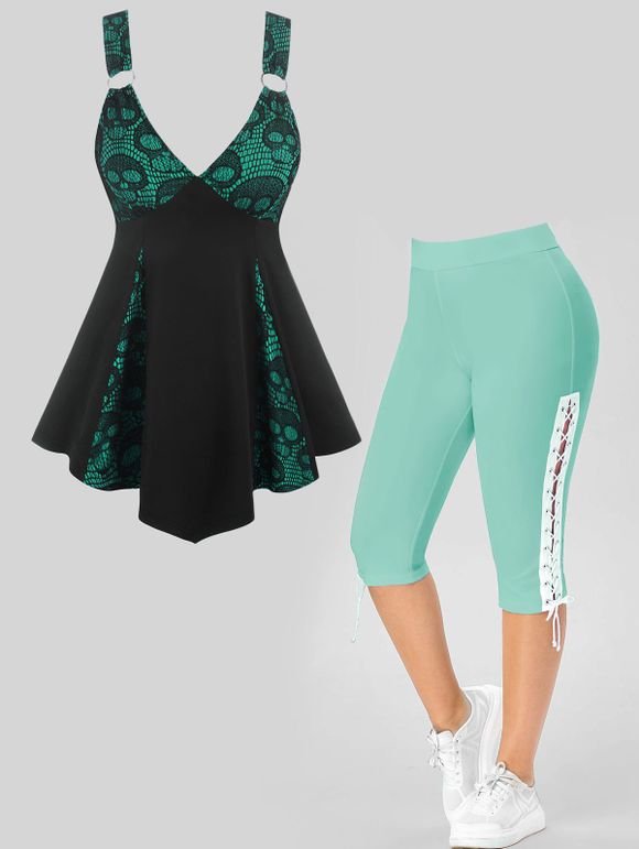 Plus Size Skull Lace Panel Gothic Tank Top And Eyelet Lace Up Cropped Leggings Outfit - GREEN L
