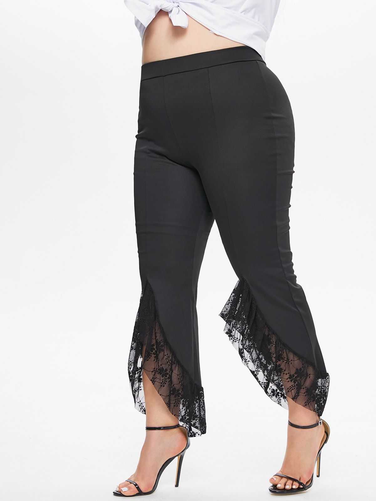 Plus Size Solid Color Casual Flare Pants Slit Floral Lace Insert Elastic High Waist Pants - BLACK 1X