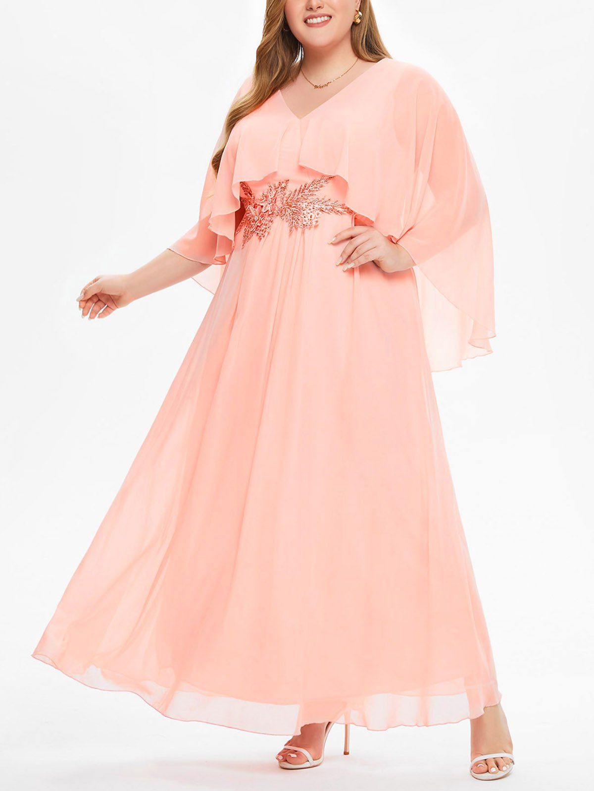 Plus Size Dress Chiffon Dress Ruffle Flower Embellishment Elegant A Line Maxi Party Dress - LIGHT PINK 2XL
