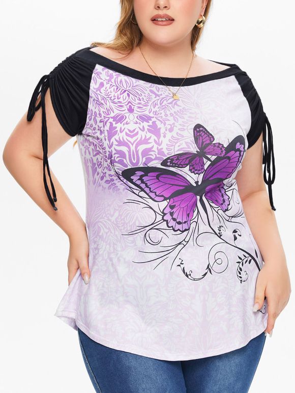 Plus Size Bohemian Raglan Casual T Shirt Cinched Butterfly Print Short Sleeve Summer Tee - LIGHT PURPLE 2X