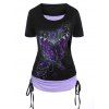Ensemble T-shirt à Imprimé Etoile Lune et Soleil et Legging à Lacets - Violet clair L