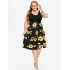Plus Size & Curve Dress Sunflower Print High Waisted Dress Ruched A Line Midi Dress - BLACK 4X