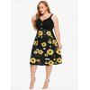 Plus Size & Curve Dress Sunflower Print High Waisted Dress Ruched A Line Midi Dress - BLACK 4X