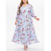 Plus Size Maxi Dress Flower Print Mesh Long Sleeve High Waist A Line Semi Formal Dress - LIGHT BLUE 1XL