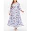 Plus Size Maxi Dress Flower Print Mesh Long Sleeve High Waist A Line Semi Formal Dress - LIGHT BLUE 1XL