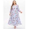 Plus Size Maxi Dress Flower Print Mesh Long Sleeve High Waist A Line Semi Formal Dress - LIGHT BLUE 2XL