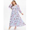 Plus Size Maxi Dress Flower Print Mesh Long Sleeve High Waist A Line Semi Formal Dress - LIGHT BLUE 2XL