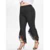 Plus Size Solid Color Casual Flare Pants Slit Floral Lace Insert Elastic High Waist Pants - BLACK 1X