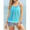 Modest Tankini Swimsuit Striped Print Swimwear Lace Cut Out Boyshorts Summer Beach Bathing Suit - LIGHT BLUE XL