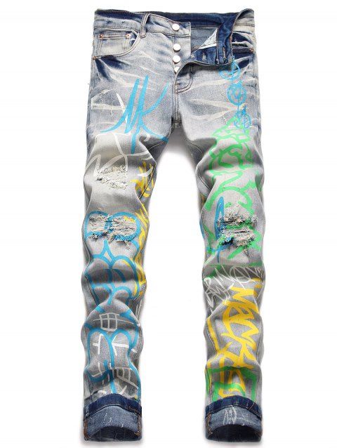 Trendy Jeans Colored Printed Button Fly Jeans Pockets Ripped Denim Pants