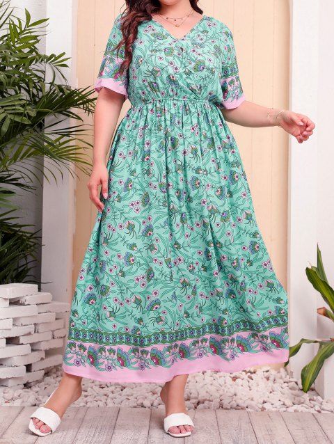 Plus Size & Curve Dress Allover Floral Print Vacation Dress Colorblock Short Sleeve V Neck Maxi Dress