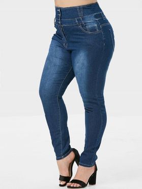 Plus Size Jeans Zipper Fly Solid Color Jeans Pockets Button Long Casual Denim Pants