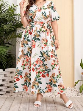 Plus Size Dress Allover Flower Print Vacation Dress Surplice Belted Short Sleeve Curve Maxi Dress