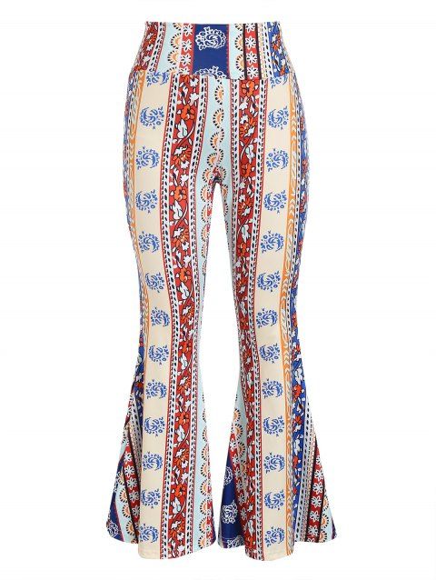 Tribal Floral Print Flare Pants Wide High Waist Bohemian Long Bell Pants