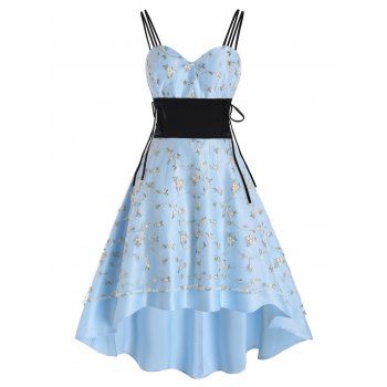

Elegant Party Dress Embroidered Leaf Floral Mesh Overlay Lace Up High Waist High Low Midi Prom Dress, Light blue
