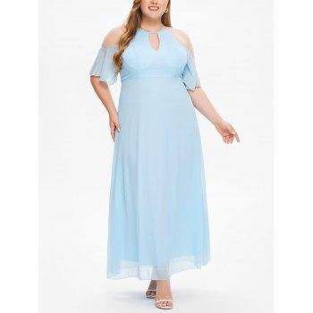 

Plus Size Party Dress Solid Color Cold Shoulder Cut Out High Waist A Line Maxi Dress, Light blue
