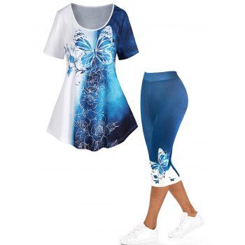 Colorblock Ombre Butterfly Flower Print Tee and Moon Phase Galaxy Print Capri Leggings Summer Casual Outfit
