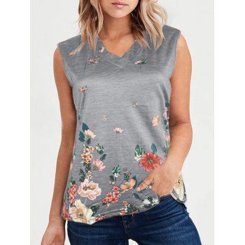 

Vacation Flower Print Tank Top V Neck Heathered Summer Cottagecore Top, Light gray