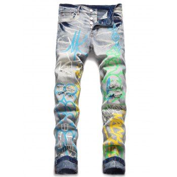 

Trendy Jeans Colored Printed Button Fly Jeans Pockets Ripped Denim Pants, Blue