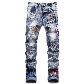 

Ripped Jeans Fire Skull Letters Print Embroidery Scratches Zipper Fly Pockets Trendy Casual Denim Pants, Blue