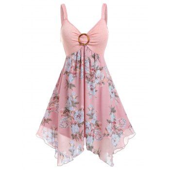 

Plus Size Dress Floral Print Dress Chiffon Empire Waist Handkerchief Midi Cami Dress, Light pink