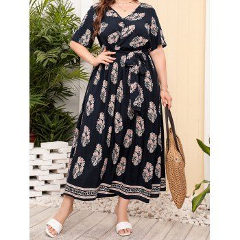 

Plus Size Dress Leaf Print Dress V Neck Belted High Waisted Bohemian Summer Casual A Line Maxi Dress, Multicolor