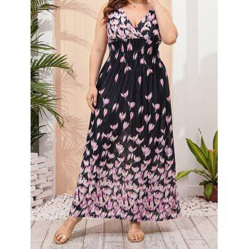 

Plus Size & Curve Dress Flower Print Vacation Dress Plunging Neck Surplice Empire Waist Maxi Dress, White