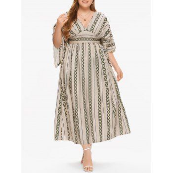 

Plus Size Dress Bohemian Dress Geometric Print Empire Waist Plunging Neck A Line Midi Summer Casual Vacation Dress, Light coffee