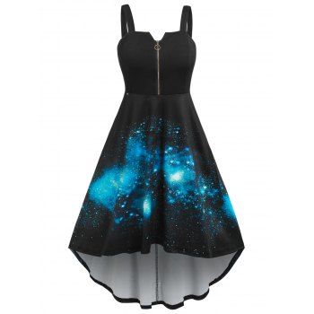 Plus Size Dress High Low Dress Galaxy Print Front Zip Cami Midi Dress