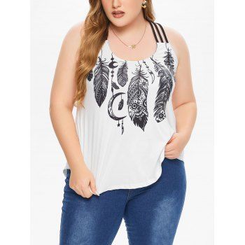 

Plus Size Tank Top Dream Catcher Feather Print Flower Lace Strappy Tank Top, White