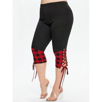 

Plus Size Capri Leggings Plaid Print Panel Lace Up Elastic Waist Casual Summer Leggings, Black