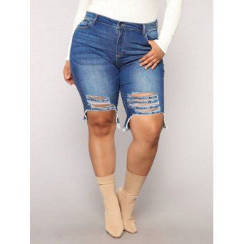 

Plus Size Jeans Ripped Jeans Frayed Hem Solid Color Zipper Fly Pockets Summer Casual Knee Length Denim Shorts, Blue