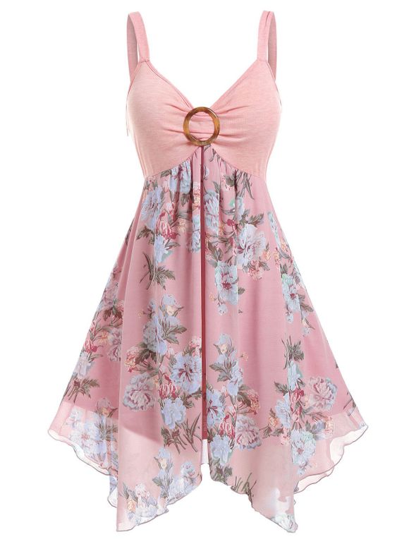Plus Size Dress Floral Print Dress Chiffon Empire Waist Handkerchief Midi Cami Dress - LIGHT PINK L
