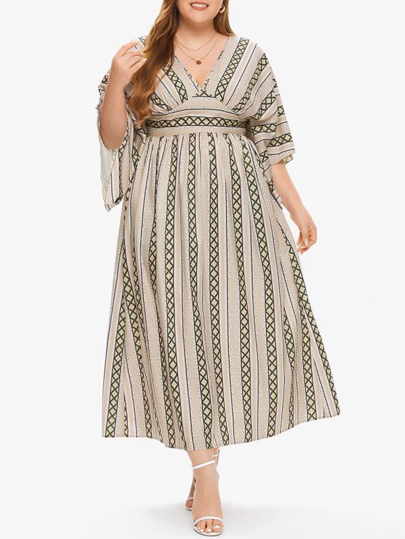 Plus Size Dress Bohemian Dress Geometric Print Empire Waist Plunging Neck A Line Midi Summer Casual Vacation Dress - LIGHT COFFEE L