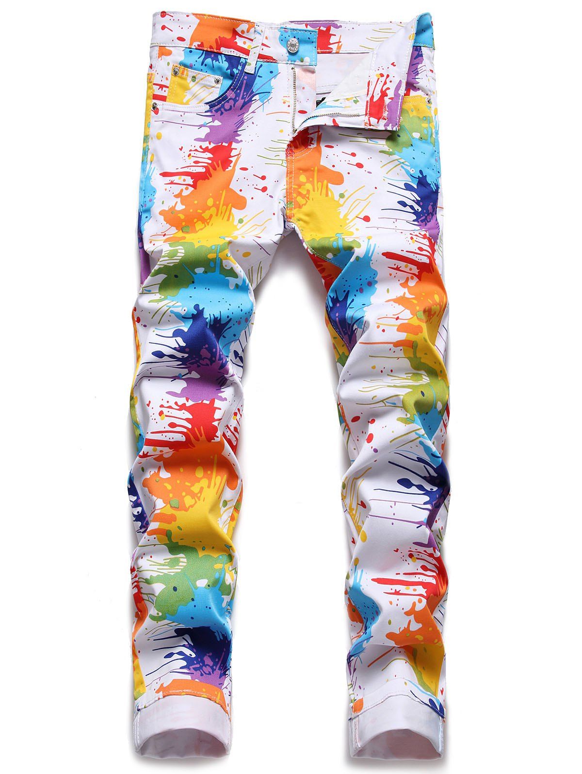 Vacation Jeans Splash Ink Painting Colorblock Zipper Fly Pockets Trendy Jeans - multicolor 36