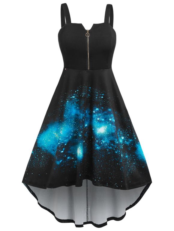 Plus Size Dress High Low Dress Galaxy Print Front Zip Cami Midi Dress - BLUE 1X
