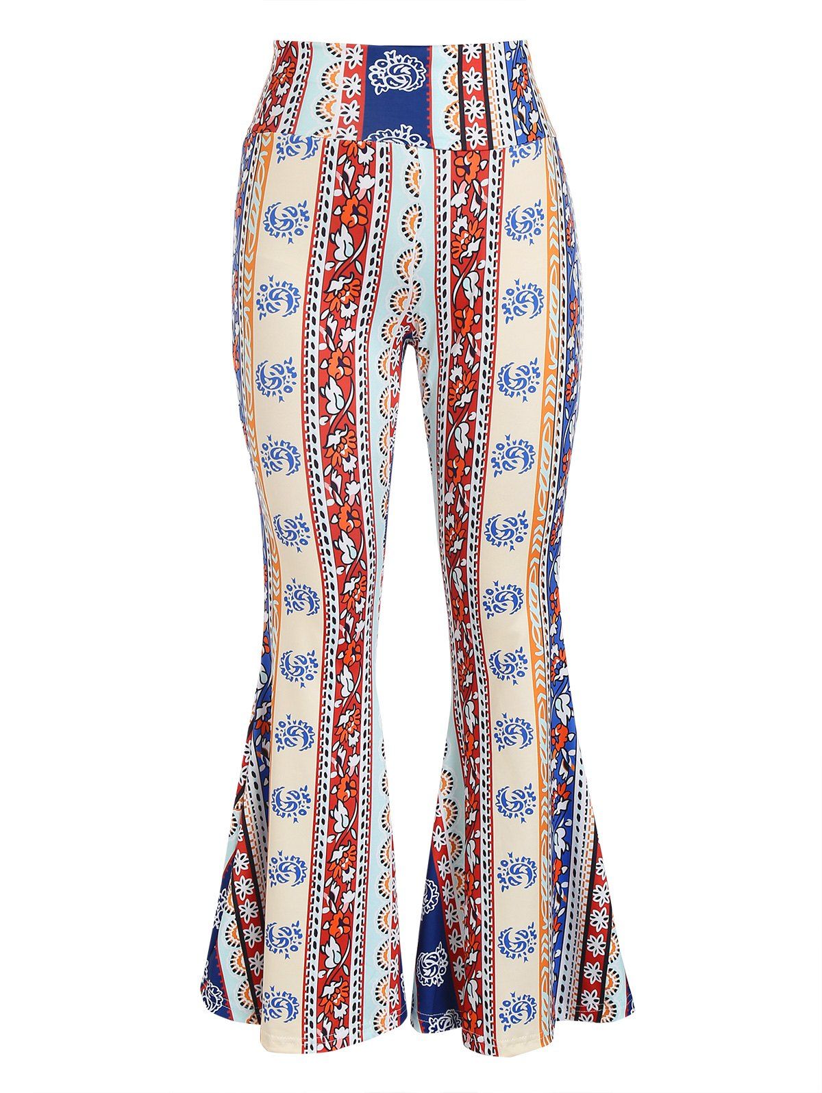 Pantalon Bohémien Long Évasé à Imprimé Floral Tribal à Taille Haute - multicolor M