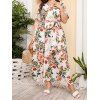 Plus Size Dress Allover Flower Print Vacation Dress Surplice Belted Short Sleeve Curve Maxi Dress - LIGHT YELLOW 2XL