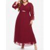 Plus Size Semi Formal Dress Solid Color Flare Sleeve Faux Pearl Floral Rhinestone See Thru Chiffon High Waist A Line Maxi Party Dress - DEEP RED L