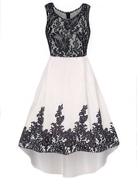 Floral Lace Panel A Line Midi Party Dress Printed High Waist Sleeveless Scalloped Semi Formal Dress