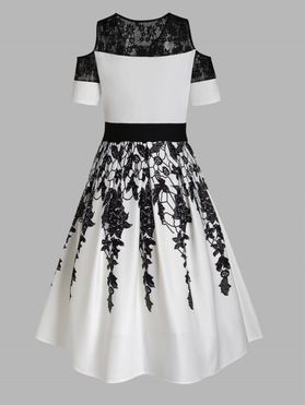 Plus Size Midi Dress Leaf Flower Print Lace Panel Cold Shoulder Hollow Out High Waist Casual Summer Dress