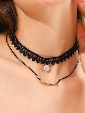 Layered Choker Hollow Out Lace Crystal Vintage Trendy Necklace