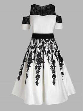 Plus Size Midi Dress Leaf Flower Print Lace Panel Cold Shoulder High Waisted A Line Dress