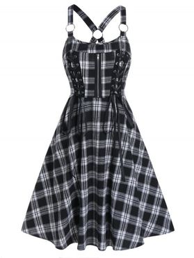 Vintage Dress Plaid Print Dress Lace Up O Ring Cut Out High Waist A Line Mini Summer Casual Dress