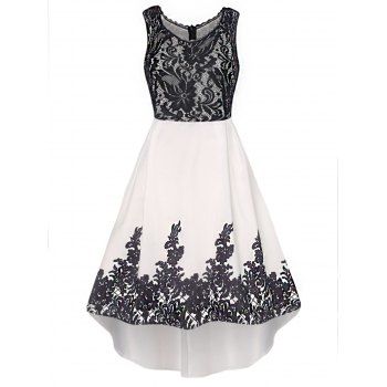 

Floral Lace Panel A Line Midi Party Dress Printed High Waist Sleeveless Scalloped Semi Formal Dress, Black