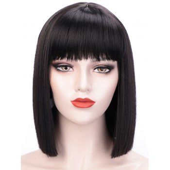 

Straight Wig Solid Color Wig Full Bang Medium Trendy Synthetic Hair, Black