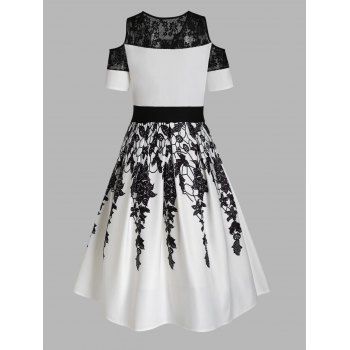 Plus Size Midi Dress Leaf Flower Print Lace Panel Cold Shoulder Hollow Out High Waist Casual Summer Dress