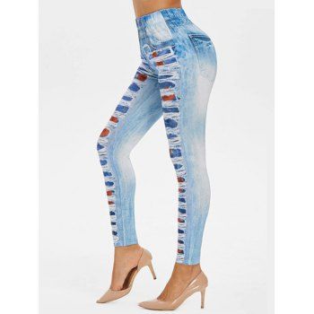 

Summer Spring Jeggings 3D Denim Print Rose Skinny Elastic Waist Casual Trendy Long Leggings, Light blue